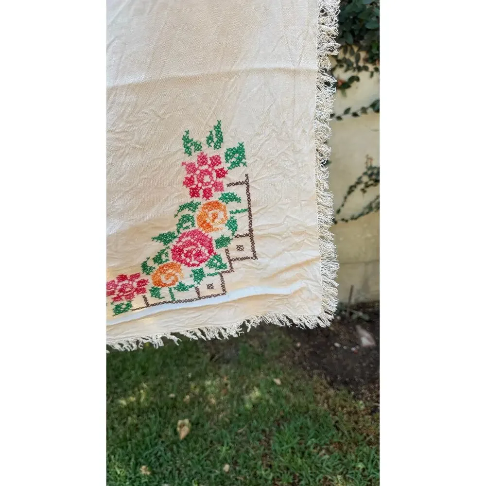 Vintage Cross Stitch Linen Table Topper 32x32 Cottagecore Primitive Farmhouse